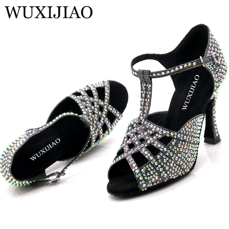 WUXIJIAO-zapatos de baile de salón para mujer, calzado de tango latino, tacón alto de fondo suave, tricolor estable