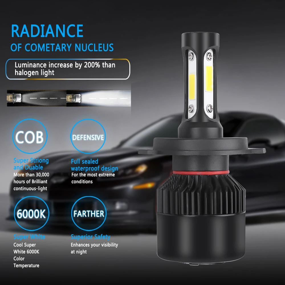 2 pçs h4 led farol do carro 3 chips cob auto s2 lâmpadas de cabeça do carro 72w 8000lm acessórios do carro 6500k led luz de nevoeiro 9-36v