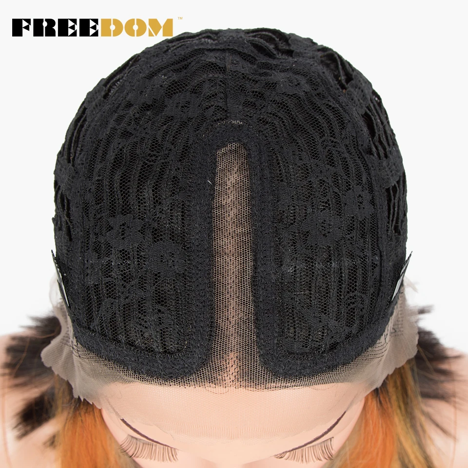 FREEDOM ตรงวิกผมลูกไม้สังเคราะห์สั้น Bob Ombre สีฟ้าที่มีสีสันวิกผมผู้หญิงสีดําคอสเพลย์วิกผมกลางวิกผมลูกไม้