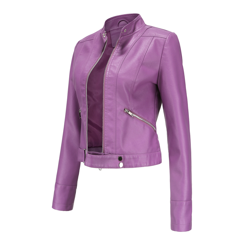 Frühling Herbst Frauen PU Leder Kurze Jacke Damen Solide Mit Gürtel Stehkragen Zipper Biker Mantel Weibliche Casual outwear
