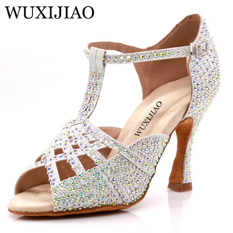WUXIJIAO-zapatos de baile de salón para mujer, calzado de tango latino, tacón alto de fondo suave, tricolor estable
