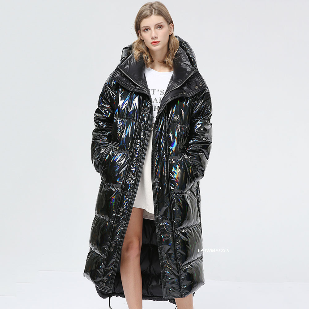 -30 度防水厚い冬スーパーロングダウンコート女性フグジャケット光沢のあるレーザー 90% ホワイトダックダウンジャケットフード付きパーカー