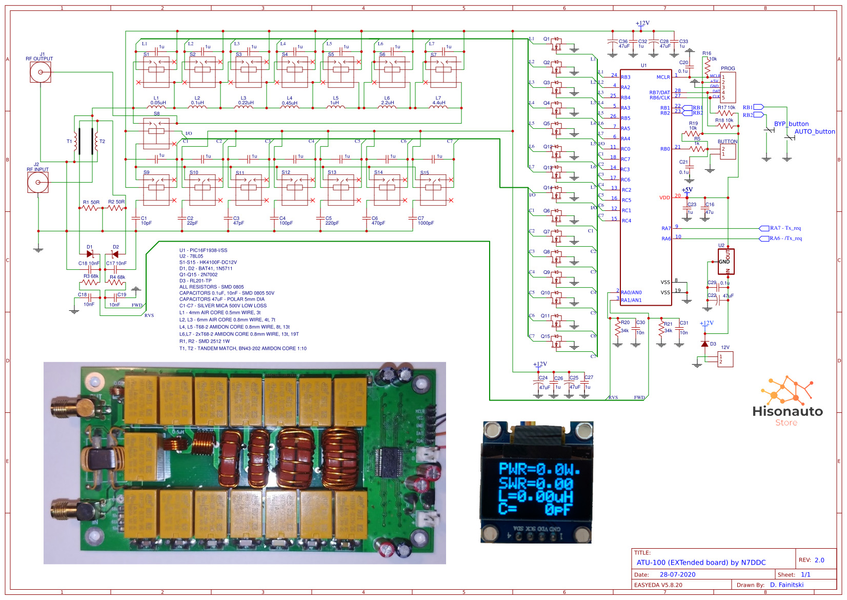 Hisonauto ATU-100 ATU100 1,8-50 MHz DIY-Kits Automatischer Antennentuner von N7DDC 7x7 Firmware programmiert / SMT/Chip gelötet