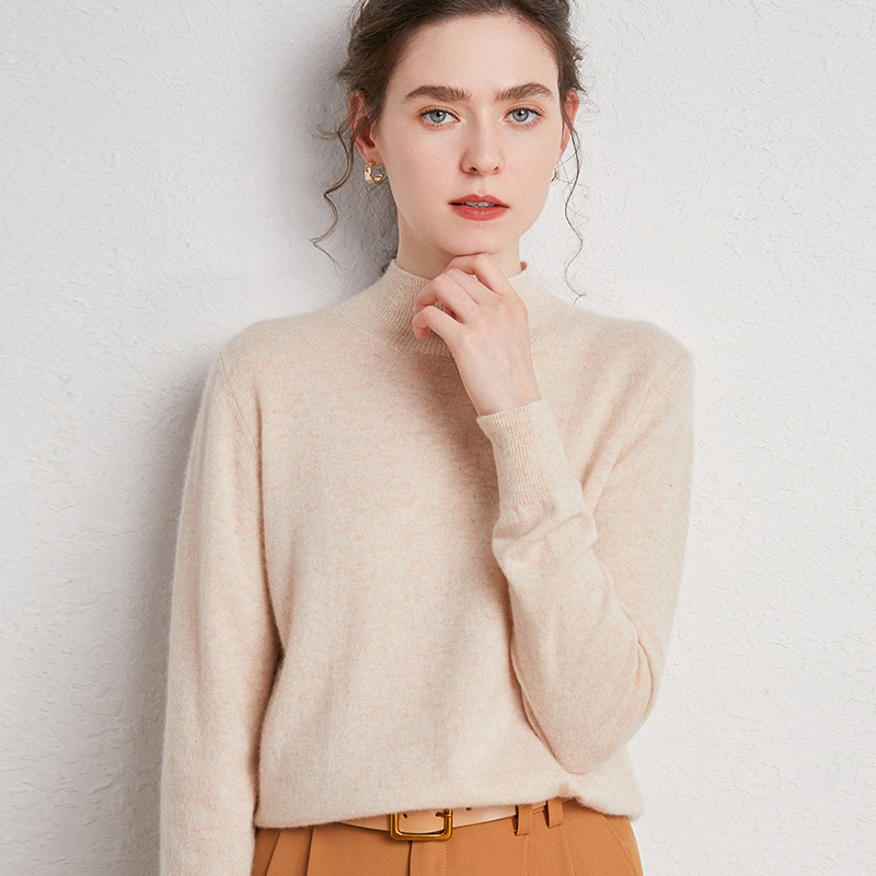 2022 Merino Len Áo Len Nữ Nửa Cổ Tim Rời Đan Đáy Áo Thu Đông Tay Dài Phối Ren Cashmere Cao Cấp