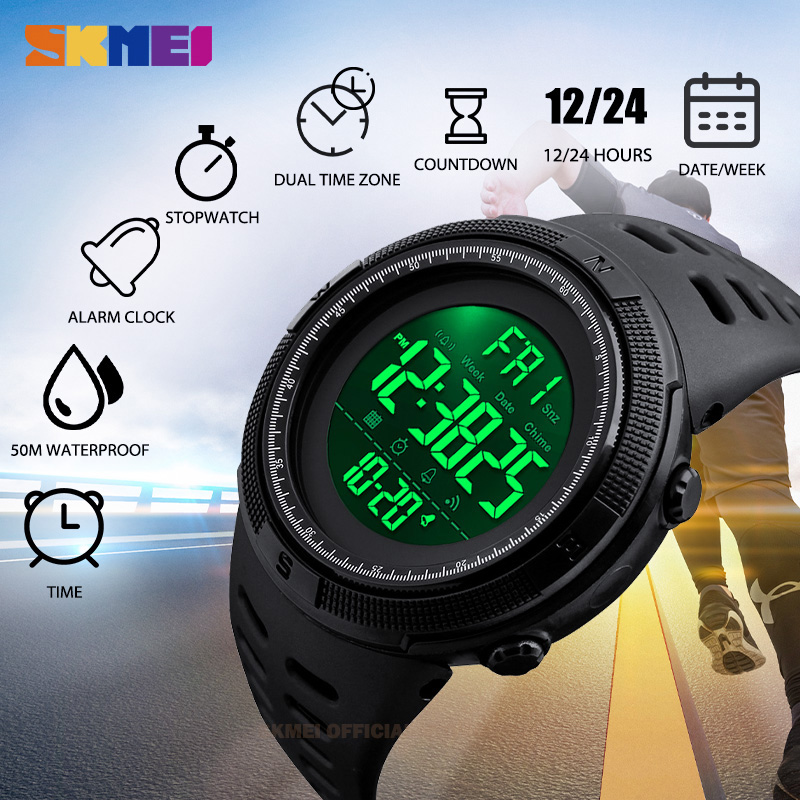 SKMEI แฟชั่นผู้ชายนาฬิกากลางแจ้งกีฬานาฬิกานาฬิกาปลุก Chrono 5Bar นาฬิกากันน้ํา reloj hombre 1251