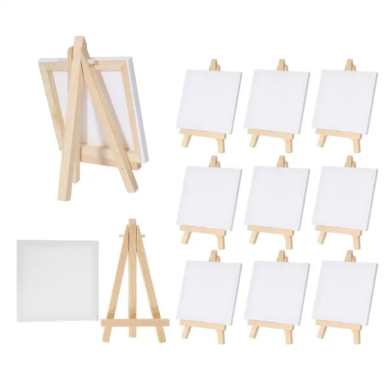12pcs 아티스트 5 인치 미니 이젤 + 3 인치 x 3 인치 미니 캔버스 세트 그림 어린이 공예 DIY 드로잉 학교를위한 작은 테이블 이젤