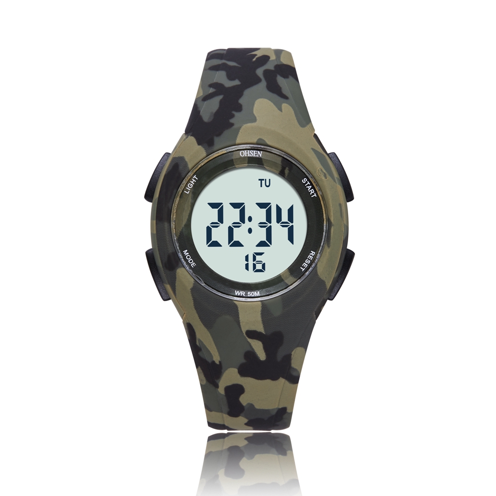Relojes digitales OHSEN para niños, reloj de pulsera LED resistente al agua para deportes al aire libre, color verde militar, cronómetro con alarma, reloj electrónico para niños