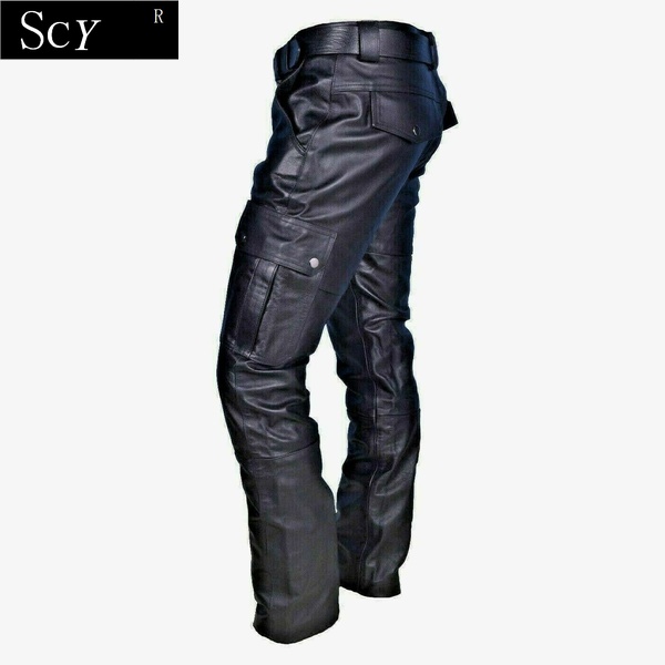 Calça masculina de couro para motocicleta com bolsos cargo, preta, calça de couro para motocicleta sem cinto