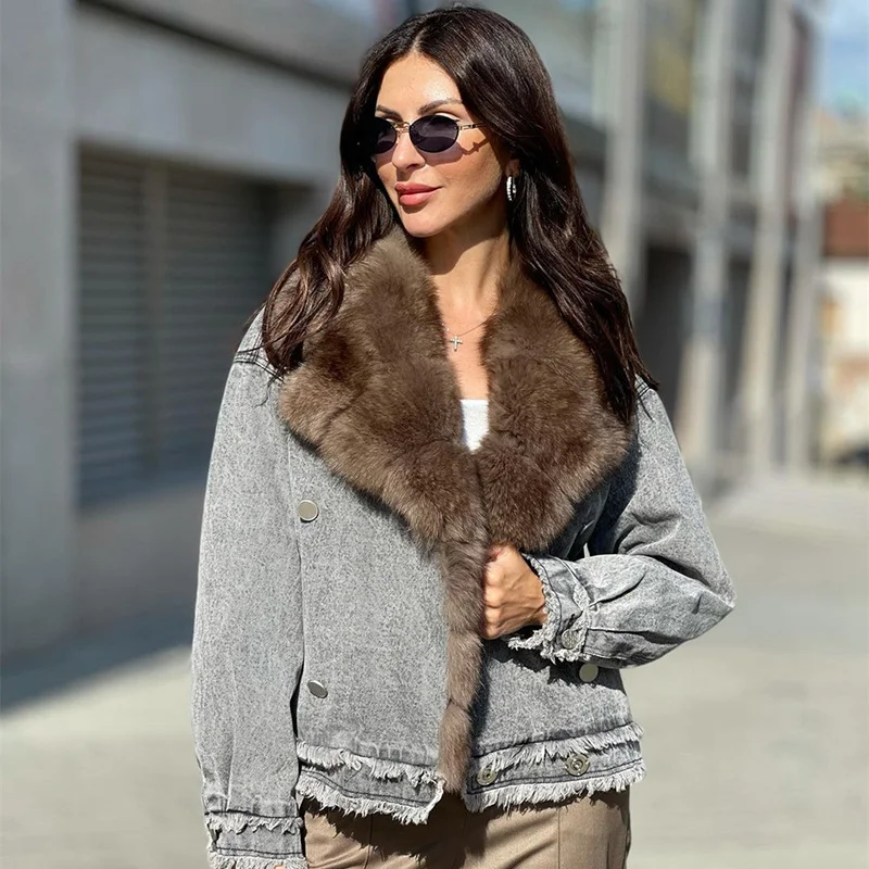 Frauen Denim Jacke Mit Echt Fox Pelz Kragen Kleidung 2021 Luxus Warme Parka Outwear Winter Frauen Casual Natürliche Kaninchen Fell mäntel