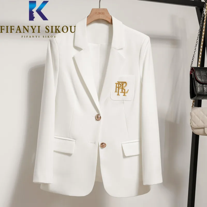 สีขาวเสื้อแจ็คเก็ต Blazer ผู้หญิงคุณภาพสูงแฟชั่นเย็บปักถักร้อยเดี่ยวสูทเสื้อแจ็คเก็ตสุภาพสตรี Casual Office อย่างเป็นทางการเสื้อคลุม