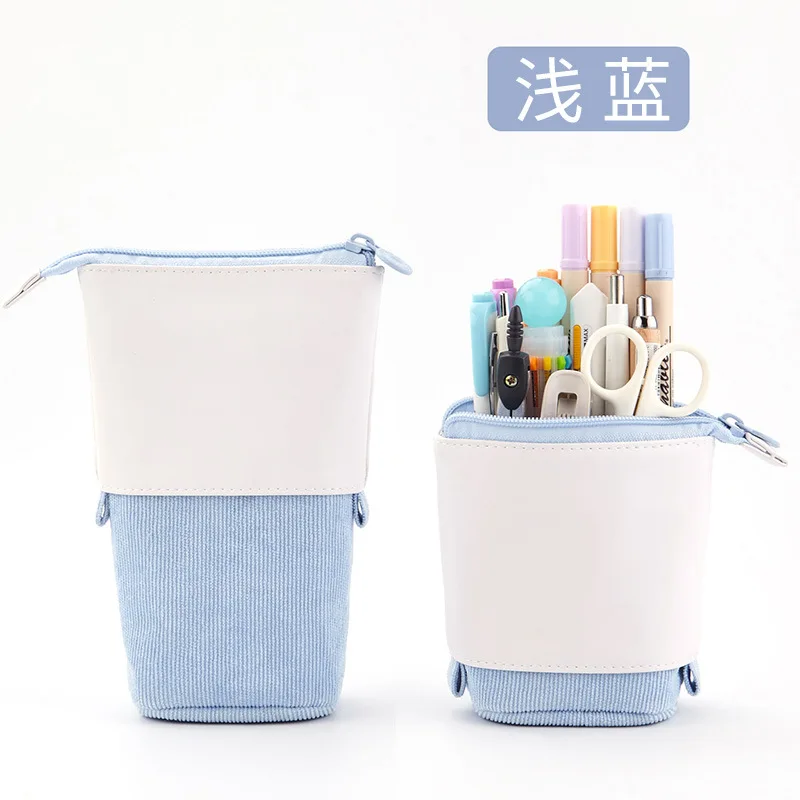 Bolsa para bolígrafos, bolsa para marcadores de papelería, portalápices de PU, Color sólido, suministros escolares de pie, estuche organizador de pana, regalo para niñas y niños