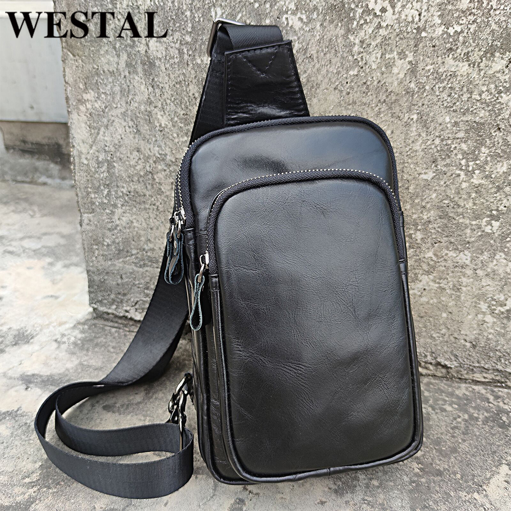 WESTAL, 100% воловья кожа, натуральная кожа, слинг, мужская сумка-мессенджер для мужчин, черная нагрудная сумка для телефона, повседневная спортивная сумка на плечо