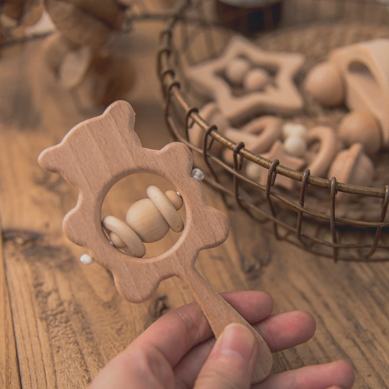 ของเล่นเด็กไม้ Rattles ชุด Beech Hand Teething การ์ตูนสัตว์หมีเด็กทารก Rattles ดนตรี Montessori ของเล่นเพื่อการศึกษาของขวัญ