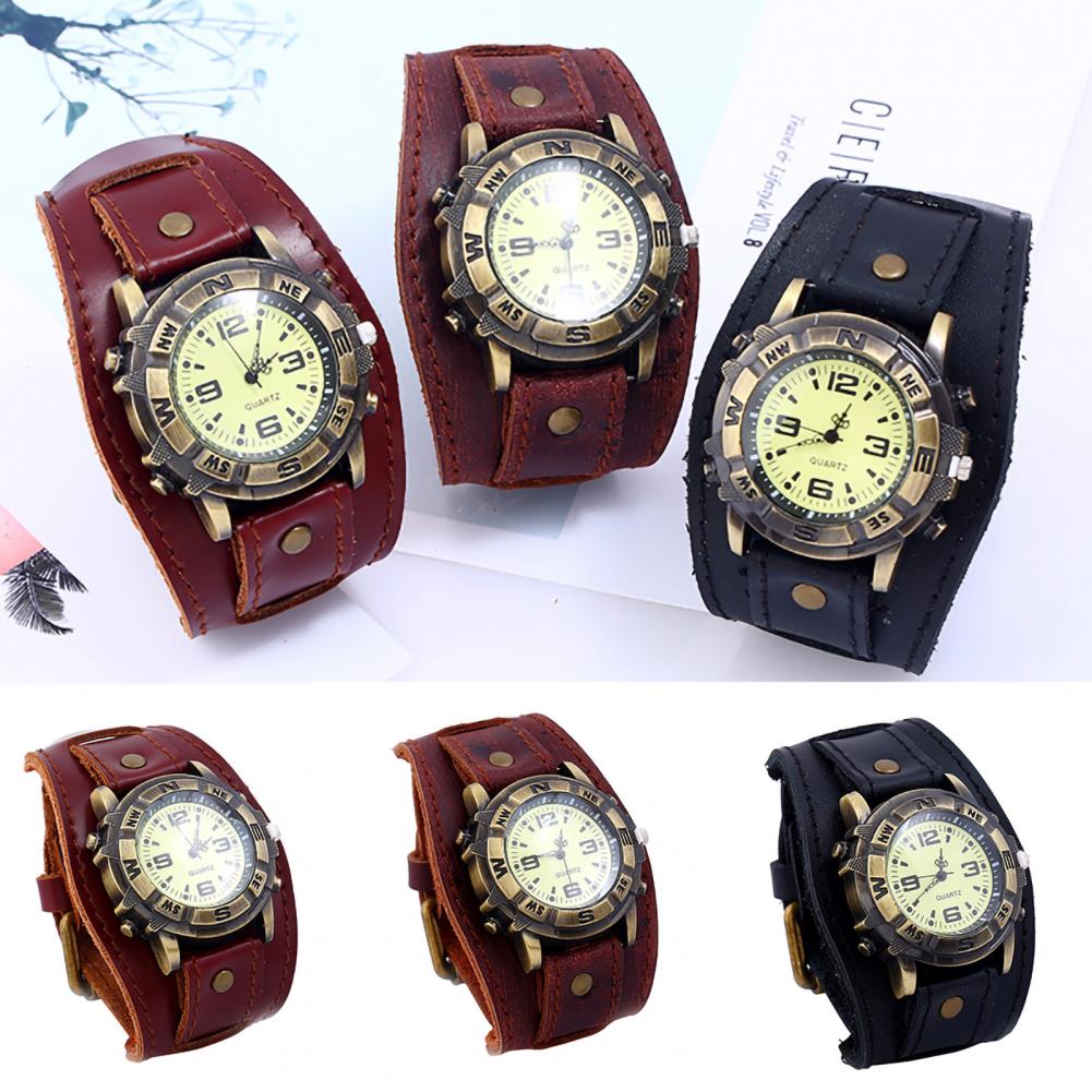 Dropshipping vintage feminino masculino punk falso couro mostrador redondo pulseira de quartzo relógios de pulso