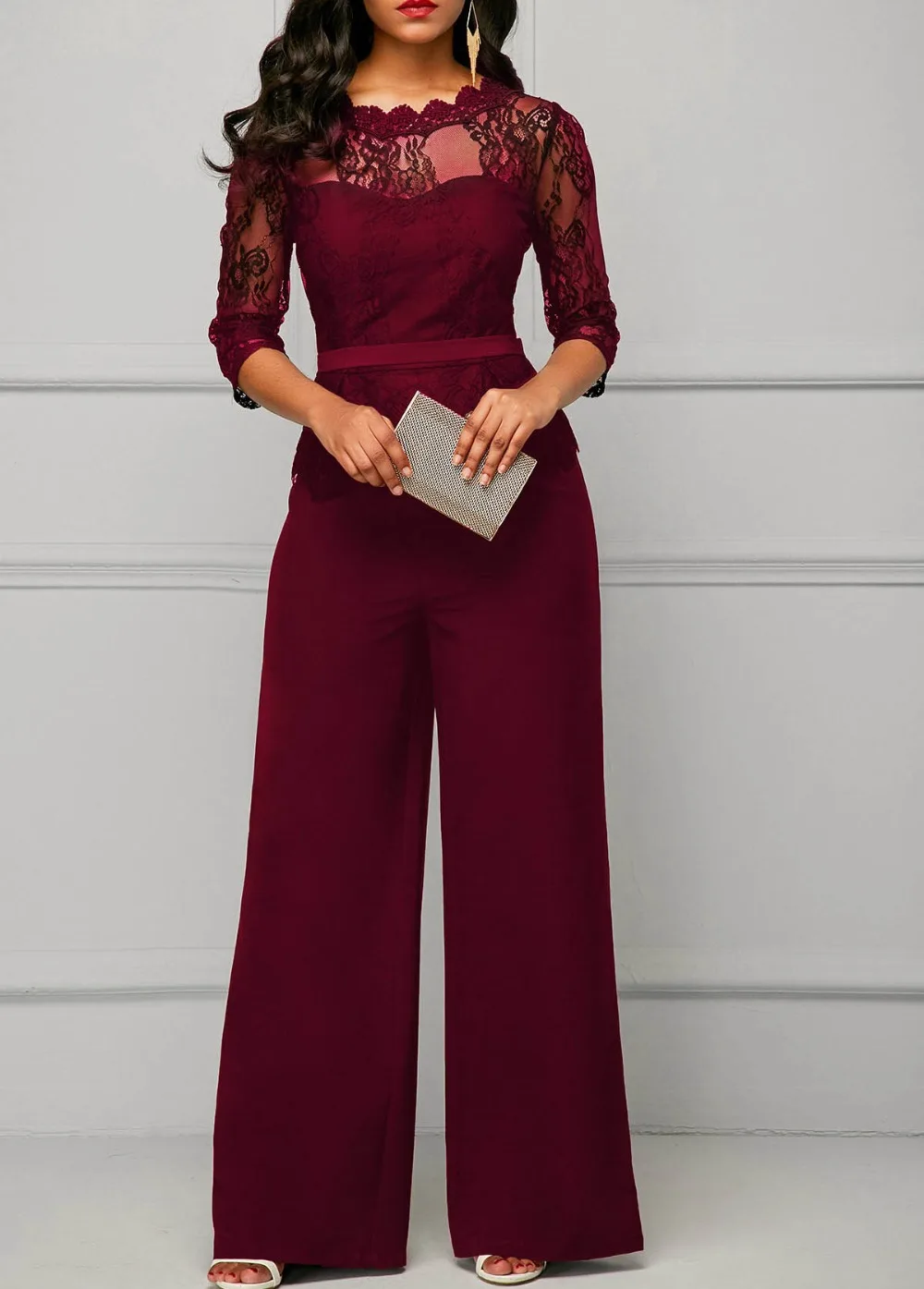 Elegant เซ็กซี่ Jumpsuits ผู้หญิงแขนยาวลูกไม้ Patchwork Jumpsuit กางเกงหลวมกางเกงขากว้าง Rompers วันหยุดสีดํา Overalls