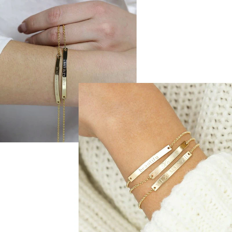 Elegant ส่วนบุคคล ID Bar สร้อยข้อมือผู้หญิง 5 มม.สแตนเลสสตีล CHAIN CUSTOM ชื่อคําคม BFF สร้อยข้อมือของขวัญเครื่องประดับ