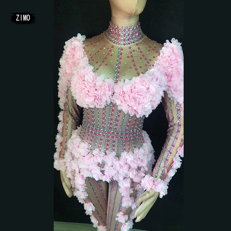 เซ็กซี่ดอกไม้สีชมพูRhinestone Bodysuit JumpsuitลากQueenเครื่องแต่งกายนักร้องStageสวมOne Pieceยืดชุดไนท์คลับRomper