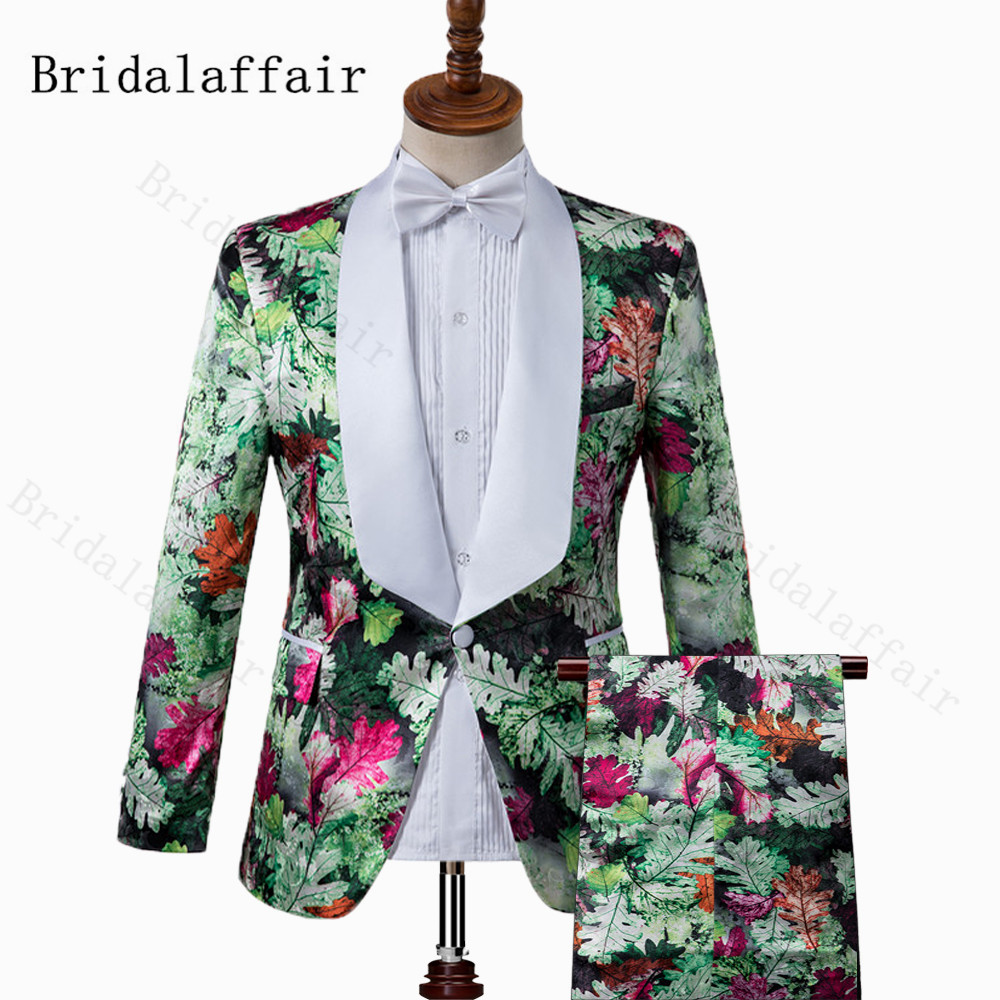 Bridalgenggam Tuksedo Pria untuk Pesta Dibuat Sesuai Pesanan Kerah Tajam Warna-warni Cetak Hijau Pola Merah Blazer dengan Celana untuk Pertunjukan Pria