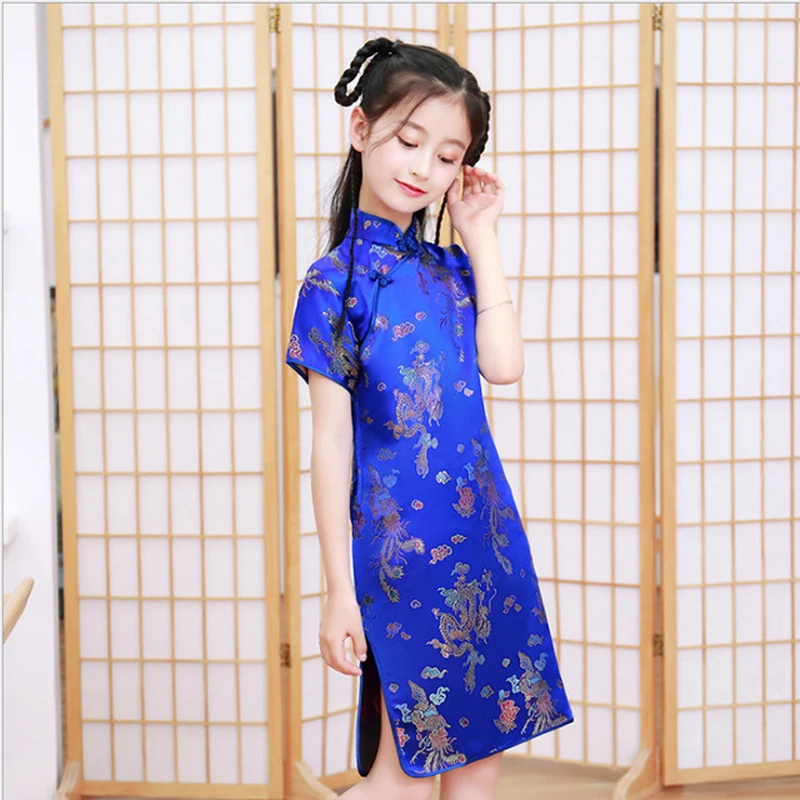 Bé Gái Đáng Yêu Lụa Satin Sườn Xám Dễ Thương Công Chúa Bé Gái Áo Trẻ Em Đảng BẦU ĐẦM Năm Mới Sườn Xám Quần Áo