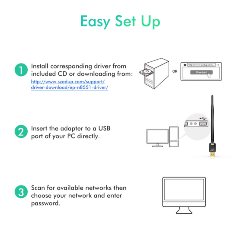 Wi-Fi-адаптер EDUP компактный с USB, 150 Мбит/с, антенна 6 дБи, 802.11n, MT7601