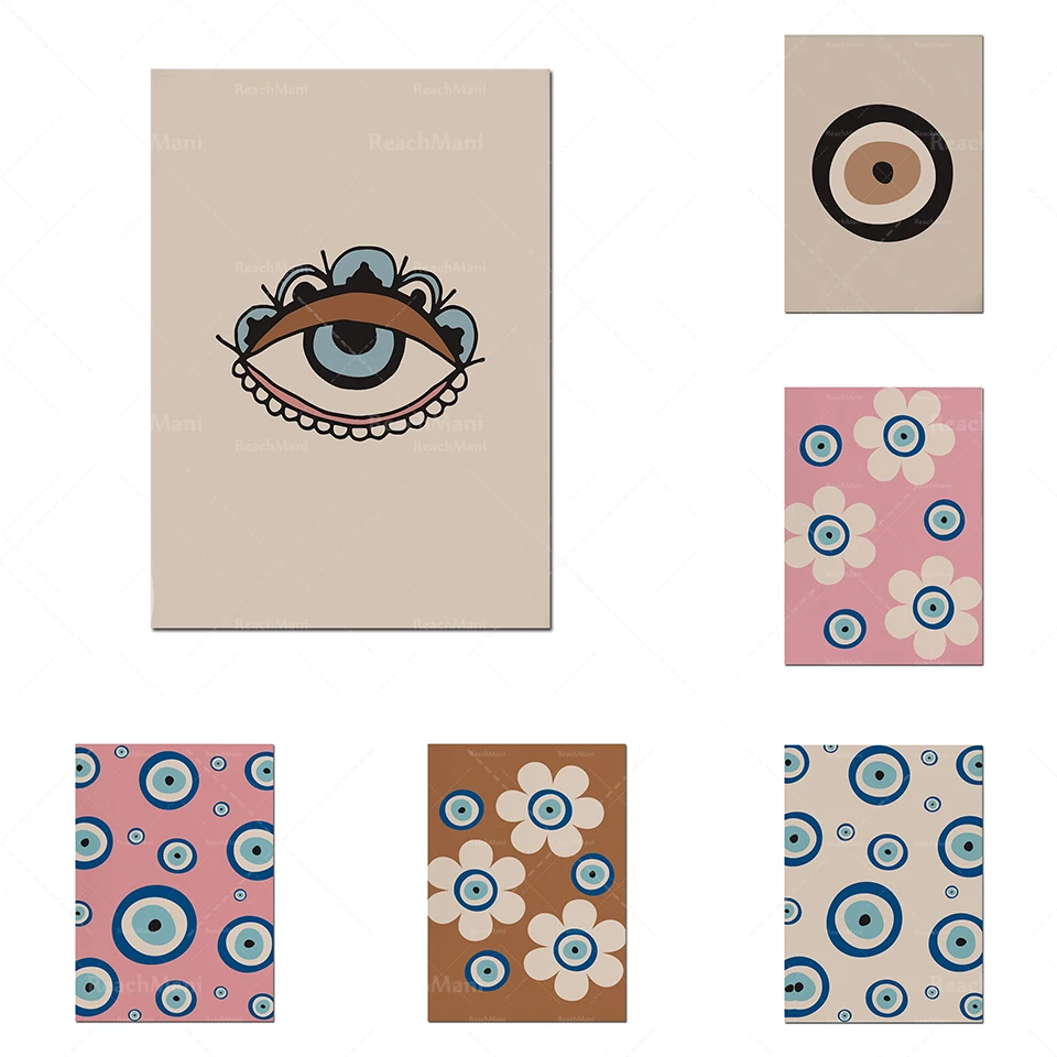 Dekorasi Bohemian Minimalis Cetak Abstrak Merah Muda Biru Poster Mata Jahat, Jimat, Pembibitan, Dekorasi Kamar Anak-anak, Geometris,