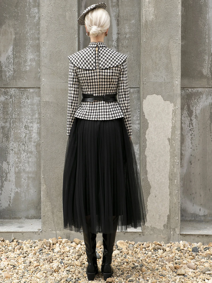 Tailor Shop Retro Slim และบางสีน้ำตาลเข้ม Houndstooth ฤดูหนาวหญิงหรูหราด้านบนและกระโปรง Semi-อย่างเป็นทางการ