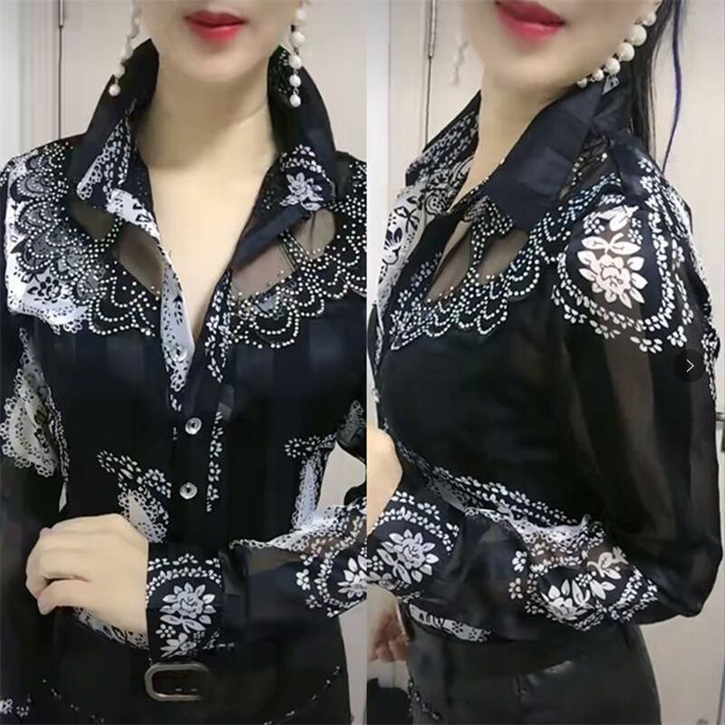 Blusa para mujer, Tops de verano, camisas de gasa con encaje, costura de solapa, botones estampados, Blusas femeninas, camisas para mujer, chemises fleurs