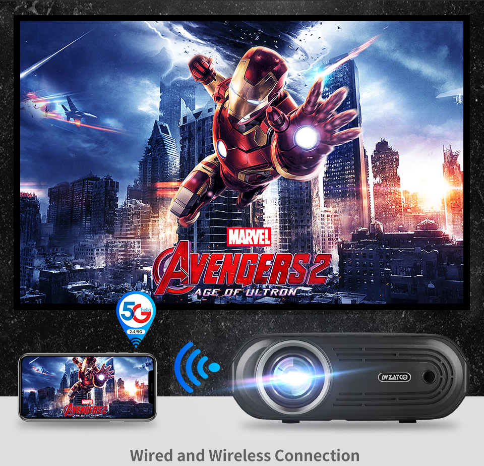 WZATCO proyektor portabel E80 5G, proyektor portabel LED, tampilan sinkronisasi Wifi dengan proyektor teater Rumah