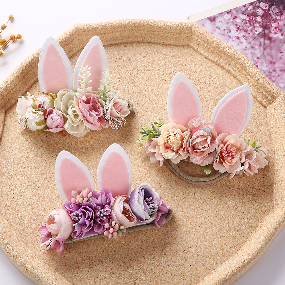 Diadema para bebé del día de Pascua, accesorios de fotografía recién nacido con Orejas de conejo, bandas para el pelo de nailon para niño y niña, diadema para Festival de flores artificiales