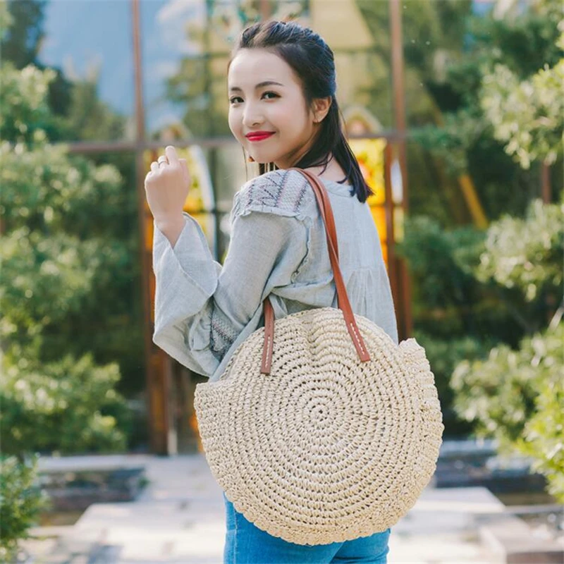 Vòng Ống Hút Túi Xách Đi Biển Vintage Handmade Đeo Vai Raffia Vòng Tròn Mây Túi Bohemian Kỳ Nghỉ Hè Áo Túi