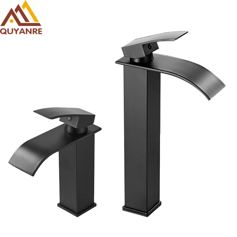 Quyanre Matte Schwarz Wasserfall Becken Wasserhahn Einzigen Griff Mixer Heißes Kaltes Wasser Becken Kran Wasserhahn Für Badezimmer Waschbecken Mischbatterie
