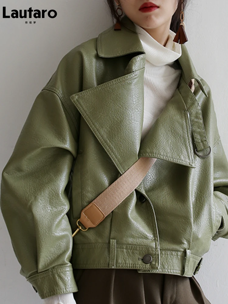 Lautaro Frühling Luxus Lose Grün Schwarz Weiche Faux Leder Jacken für Frauen Stilvolle Mode Hohe Qualität Designer Herbst Kleidung