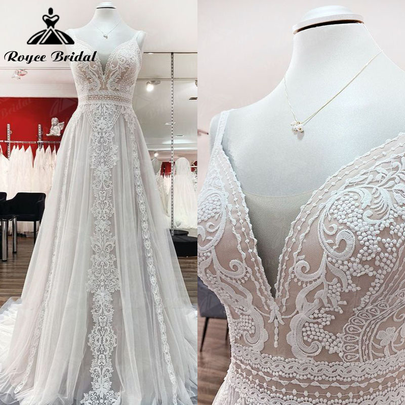 Une ligne Boho Blush rose Robe de mariée bretelles Spaghetti dentelle Tulle col en V sans manches dos ouvert trouwjurk Robe de mariée personnalisée