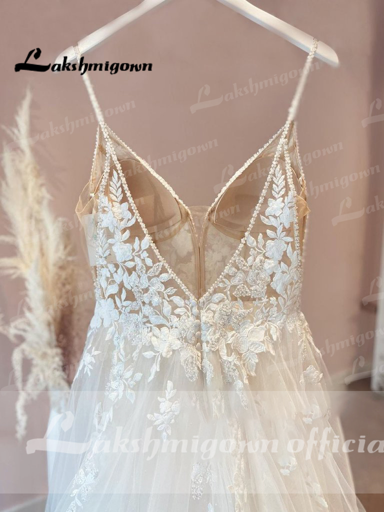 Vestido de noiva vintage com alças espaguete, vestido de noiva com decote em v, tule, praia, trouwjurk personalizado