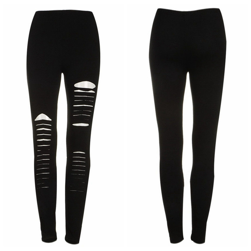 Black Punk Ripped Torn Slashed Cut Striped Leggings Pants Gothic Club Asymmetric Hole Elastic Skinny Pencil Pants For Women Girl
