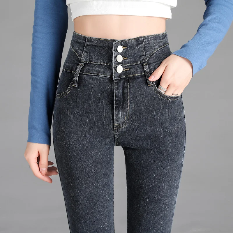 Nuevos pantalones vaqueros ajustados elásticos de cintura alta Vintage de alta calidad, pantalones pitillo con botones elásticos a la moda para mujer, pantalones vaqueros informales para mamá