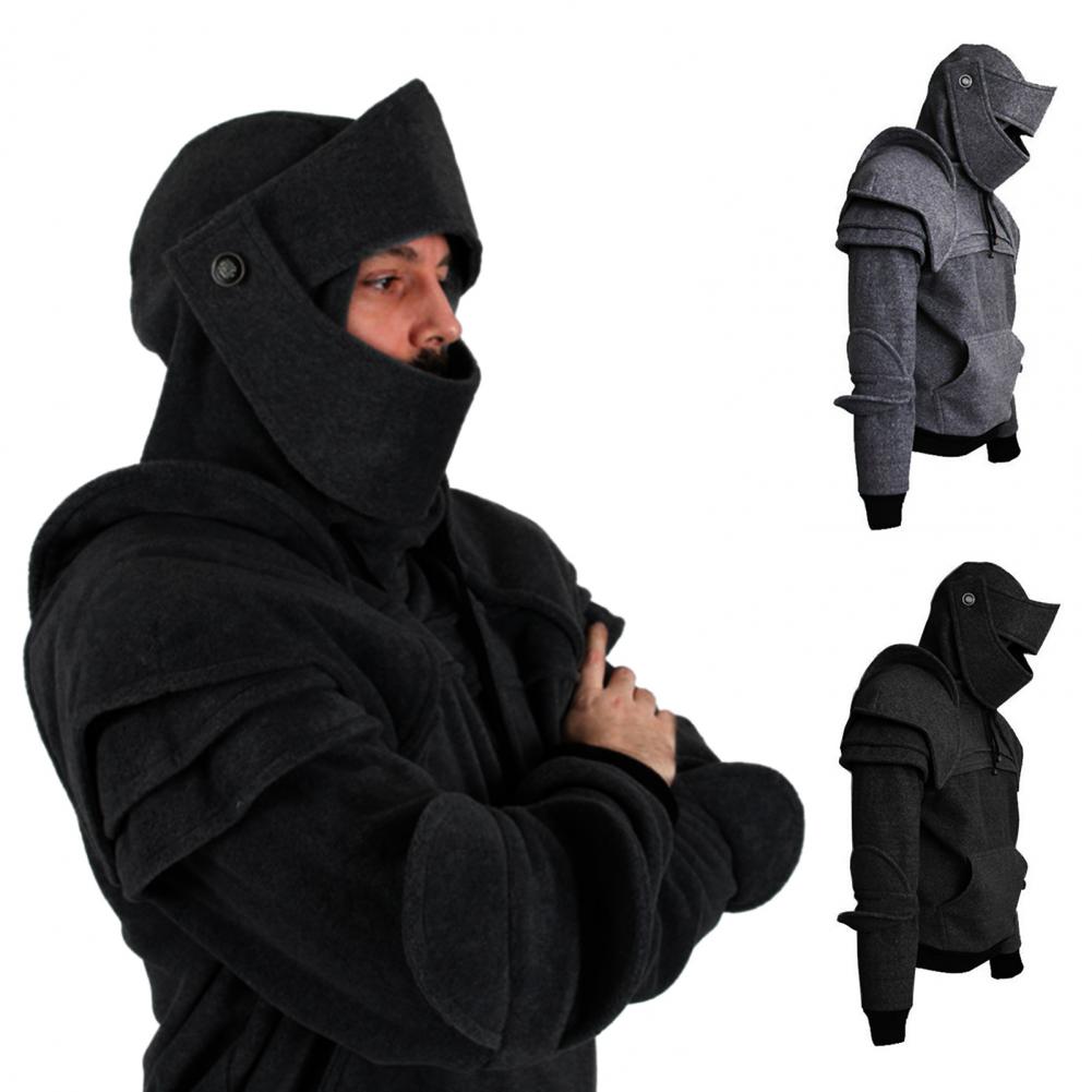 Bluza męska Jednokolorowa bluza z kapturem z kieszenią z przodu Średniowieczny styl Osłona twarzy Bluza z kapturem Rycerz Odzież na Halloween