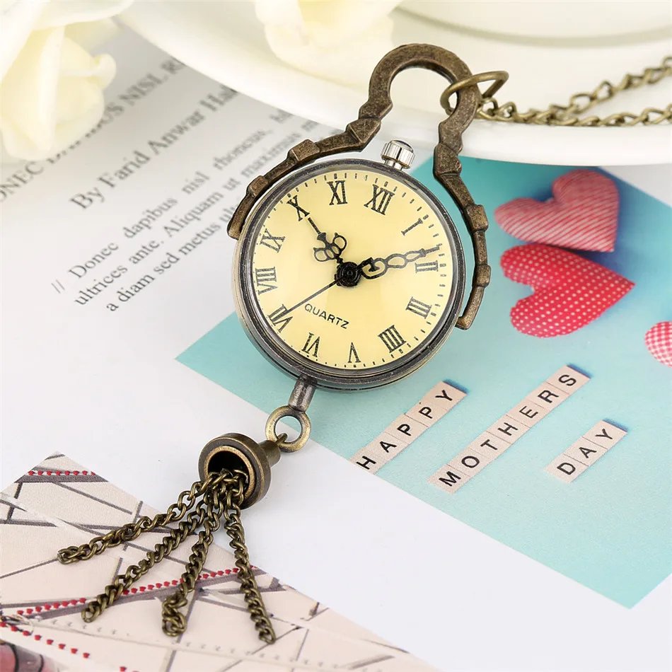 Transparent Ball Form Bronze Anhänger Tasche Uhren Retro Zubehör Fob Halskette Uhr Geschenke Unisex Römische Ziffer Analog Zifferblatt