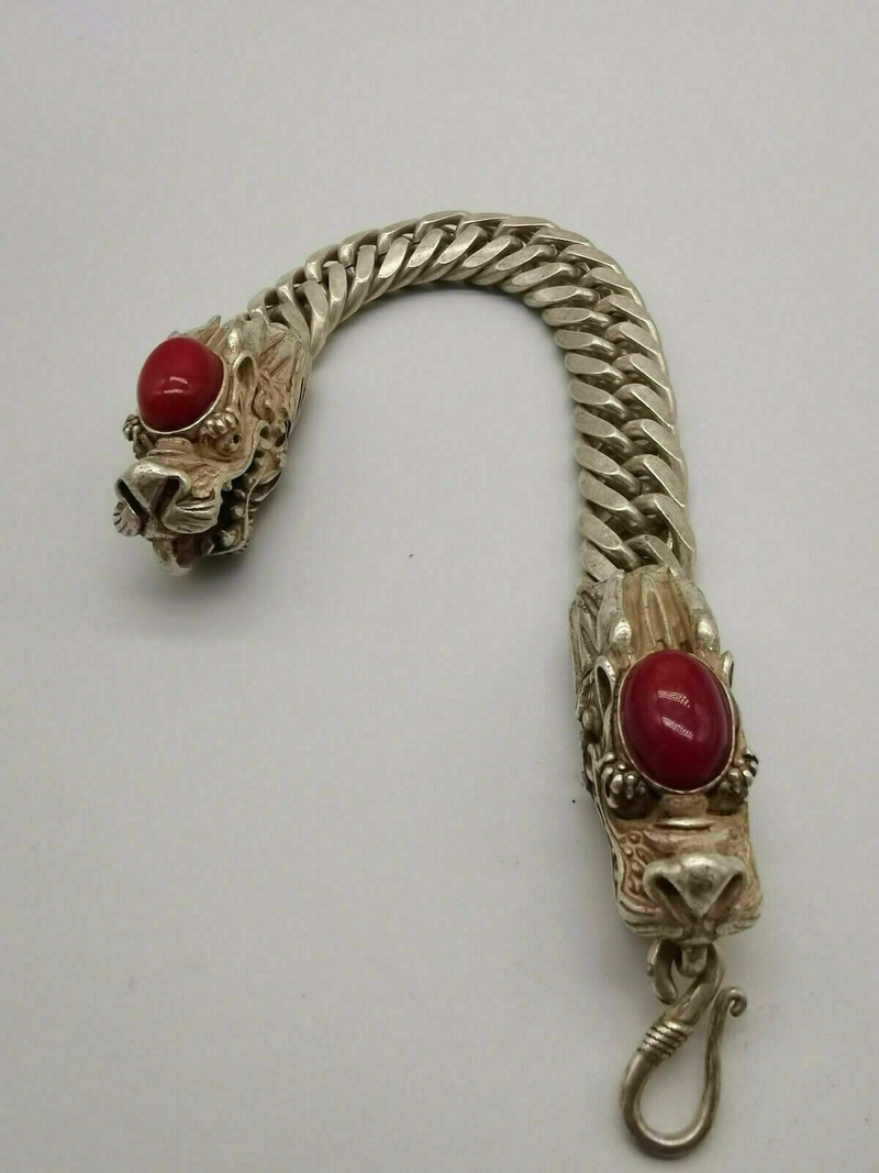 Gelang Perak Tibet Tua Bertatahkan Naga Giok Merah Wanita Pria Mode Tiongkok