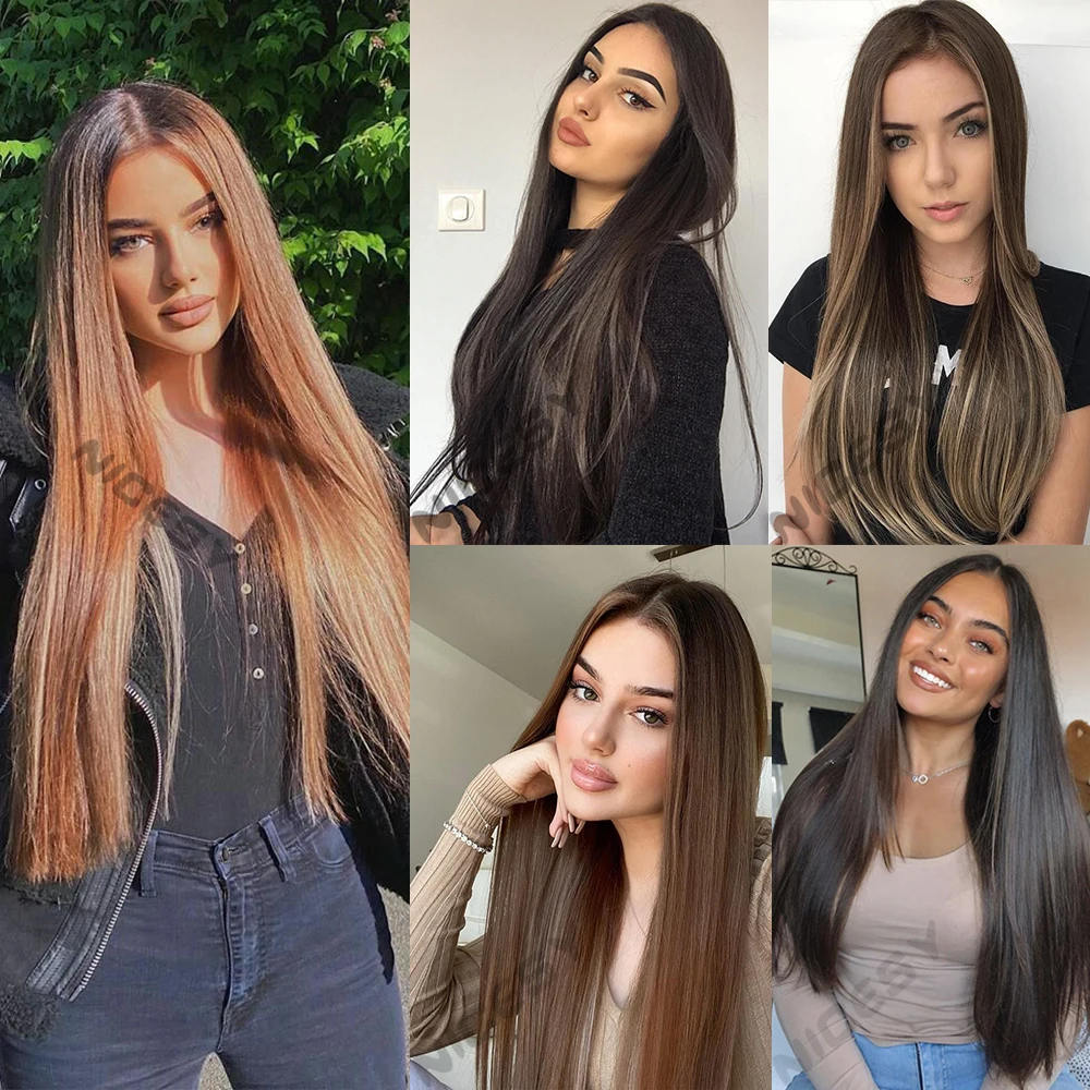 Extensión de cabello sintético sin Clips, alambre Invisible, Artificial, Natural, falso, largo, corto, recto, Rubio para mujer