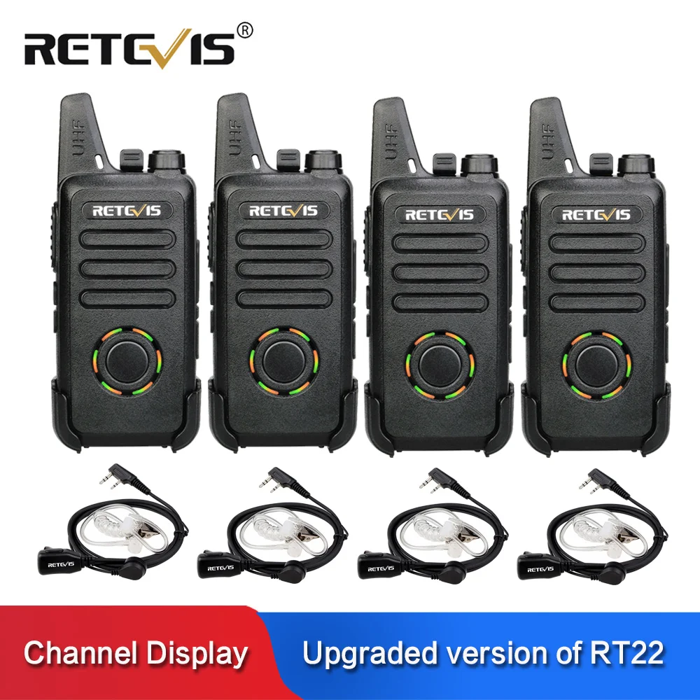 RETEVIS RT22S Walkie Talkie portátil 4 Uds 2W UHF VOX canal/pantalla de alimentación de batería práctica estación de Radio bidireccional + 4 Uds auricular
