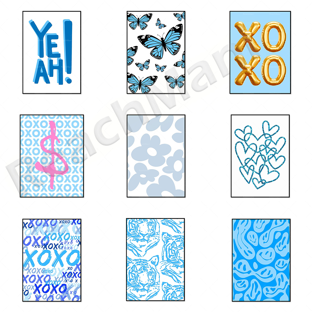 Poster Tema Biru, Seni Hipster Retro, Bunga, Xoxo, Cinta, Pencetakan Kilat Berlapis, Ruang Poster Dinding Persiapan Seni Estetika