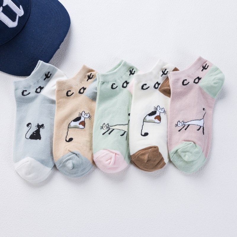 Calcetines tobilleros con diseño de gato para Mujer, medias cortas con dibujos de animales, moda coreana, Kawaii, informal, 5 pares