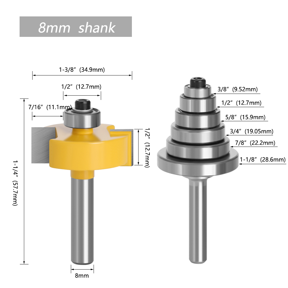 LAVIE, 2 uds., broca enrutadora de rabbet de vástago de 8mm con 6 rodamientos ajustables, fresa de espiga, brocas de carpintería de carburo cementado MC02049