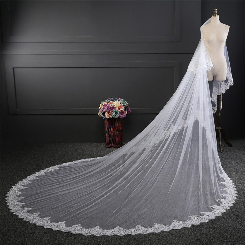 Branco marfim bling catedral véus de casamento longo renda borda véu de noiva com pente duas camadas blush véu acessórios de casamento