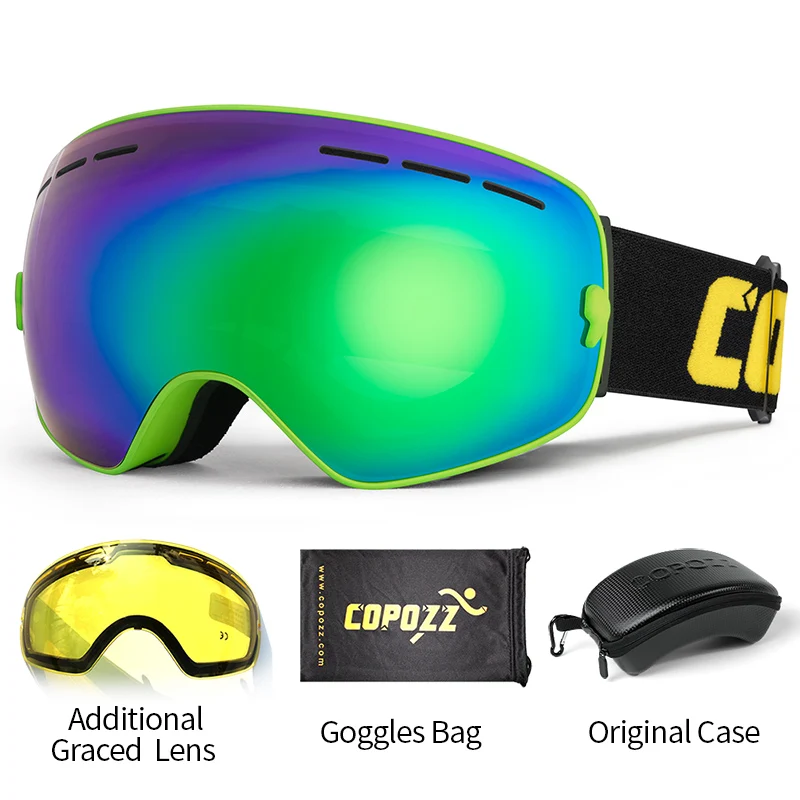 COPOZZ スキーゴーグル ケース&イエローレンズ付き UV400 曇り止め球面スキーメガネ スキー メンズ レディース スノーゴーグル + レンズ + ボックスセット