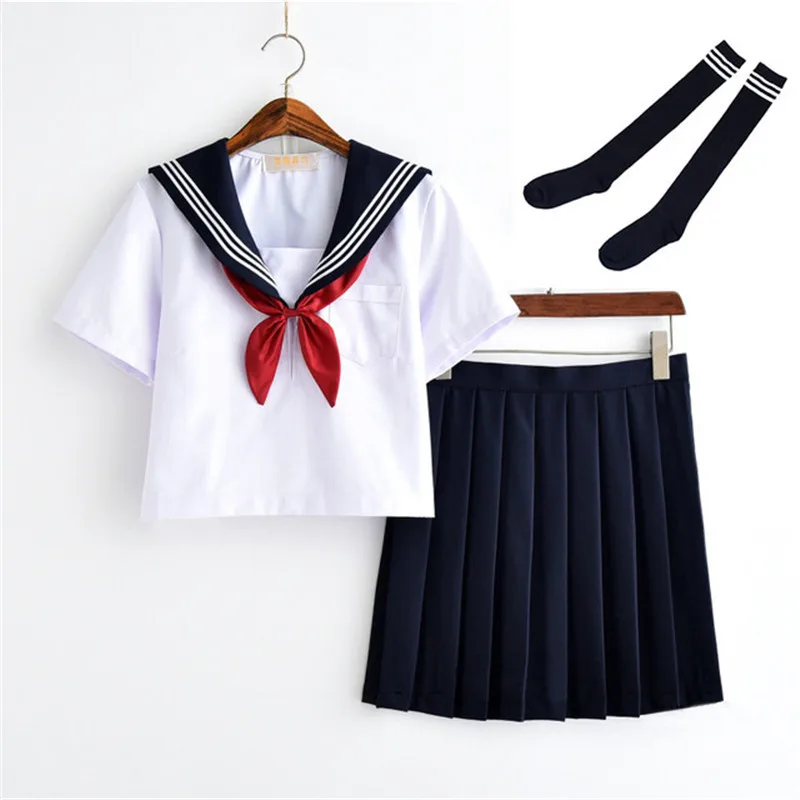 สีขาวชุดนักเรียนญี่ปุ่น Class Navy Sailor โรงเรียนเครื่องแบบนักเรียนเสื้อผ้าสําหรับสาวอะนิเมะ COS กะลาสี Navy ชุด