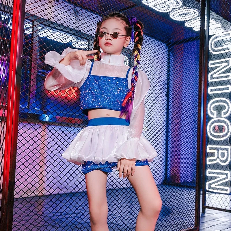 Baju Jazz Anak Atasan Lengan Panjang Rompi Payet Biru Baju Latihan HipHop Kostum Pertunjukan Panggung Tari Jalanan Anak Perempuan