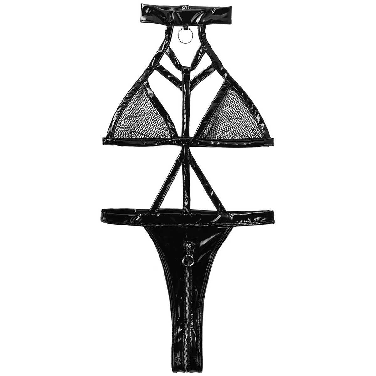 Couro peluzes bodysuits das mulheres, clube pijamas, sexy Halter, arrastão copos, Virilha com zíper, alta corte tanga, Collant Bodysuit traje