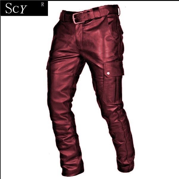 Calça masculina de couro para motocicleta com bolsos cargo, preta, calça de couro para motocicleta sem cinto